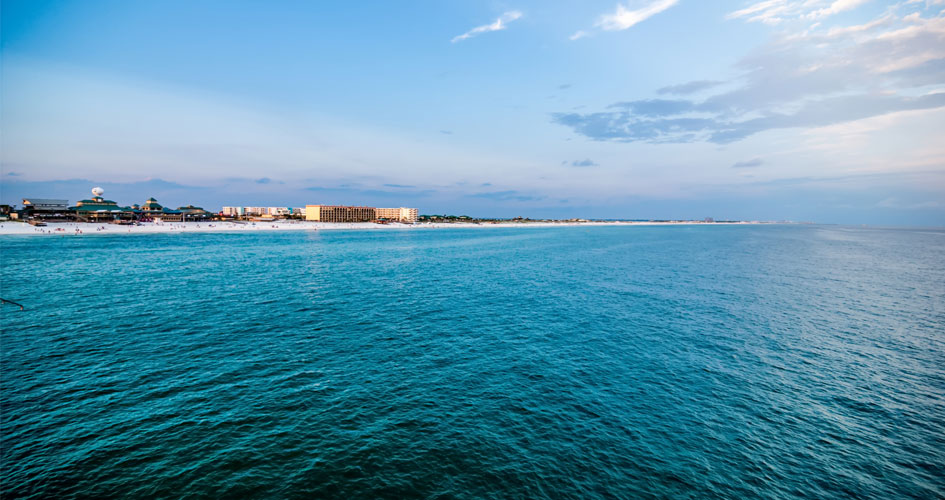 View of Okaloosa Island in Fort Walton Beach, FL, from the Gulf of Mexico.
